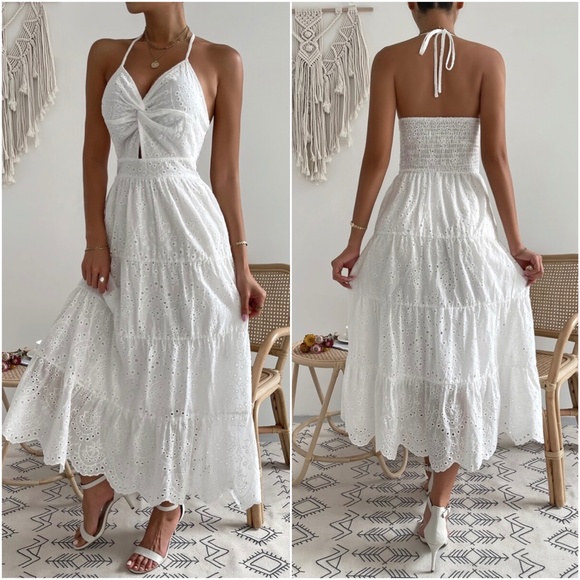 Boho White Floral Eyelet Halter Maxi Dress - Picture 3 of 3
